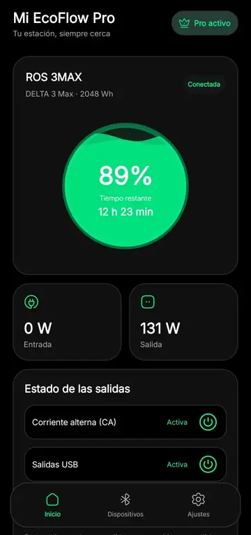 Pantalla principal real de Mi EcoFlow Pro con batería, conexión Bluetooth, entrada, salida y estado de las salidas